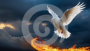 Majestic White Dove Flying Above Fiery Swirl