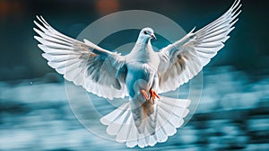 Majestic White Dove in Mid Flight with Outstretched Wings Over Calm Blue Water Background