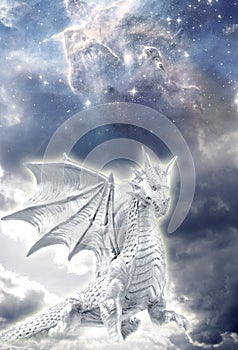 Majestic white dragon with cosmic background