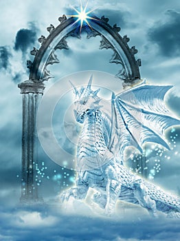 Majestic white dragon with cosmic background