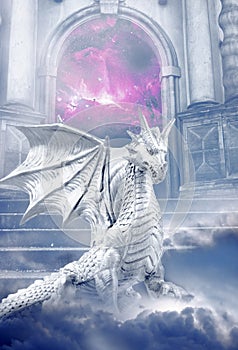 Majestic white dragon with cosmic background