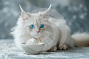 Majestic White Fluffy Cat with Stunning Blue Eyes Enjoying Cream in a Small Bowl on a Snowy Background