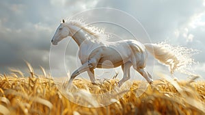A majestic white horse gallops freely through a lush field of tall grass, its mane and tail flowing in the wind as it