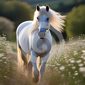 A majestic white horse with a long, flowing mane, standing in a field of wildflowers3