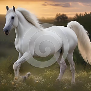 A majestic white horse with a long, flowing mane, standing in a field of wildflowers1