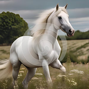 A majestic white horse with a long, flowing mane, standing in a field of wildflowers4
