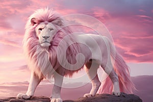 Majestic White lion head pink background. Generate Ai