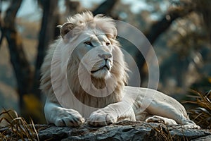 Majestic white lion rests in natural habitat, showcasing animal kingdom