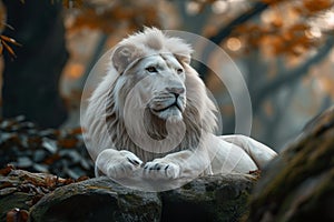 Majestic white lion rests in natural habitat, showcasing animal kingdom