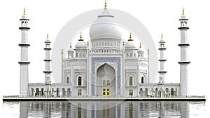 Majestic white marble structure reflected in water.