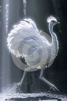 Majestic White Peacock Flaunting its Elegant Plumage Under Sunlight Filtering Through Trees photo