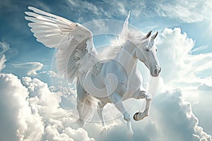 Majestic white Pegasus horse flying high above the clouds