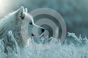 Majestic White Siberian Husky Dog Profile Portrait in a Frosty Winter Wonderland Scenery with Ethereal Blue Tones