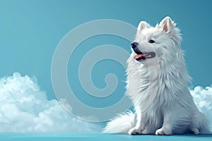 Majestic white spitz dog stands alert against a serene turquoise backdrop, portrait of poise