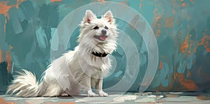 Majestic white spitz dog stands alert against a serene turquoise backdrop, portrait of poise, copy space