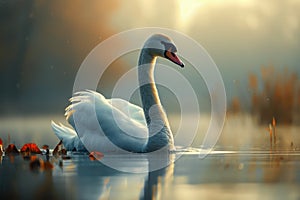 Majestic White Swan Gliding on Serene Lake at Golden Sunset with Reflections and Tranquil Scenery