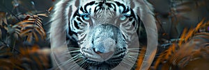 Majestic white tiger portrait with blue eyes and snowy fur in cinematic jungle setting