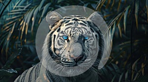 Majestic white tiger portrait brilliant blue eyes and snowy fur in jungle setting