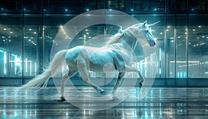 Majestic white unicorn galloping gracefully in modern business offices building setting with reflective floors and glass walls.