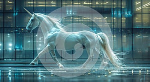 Majestic white unicorn galloping gracefully in modern business offices building setting with reflective floors and glass walls.