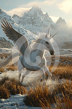 A majestic white unicorn with wings in a snowy mountain landscape.