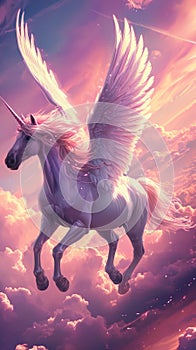 Majestic White Unicorn With Wings Soaring Across the Sky