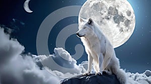 Majestic White Wolf Howling at the Full Moon. Generative ai