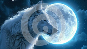 Majestic White Wolf Howling at the Full Moon. Generative ai