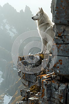 Majestic White Wolf Sitting on a Cliff Overlooking Mountainous Terrain at Sunrise