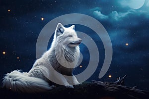 Majestic white wolf in starry night landscape