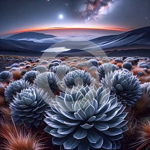 A silver sword plant on volcanic slopes, Ai generated image photo