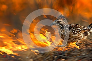 Majestic Wild Bird Escaping as Fires Blaze in the Golden Sunset Light Survival and Nature\'s Fury Captured in a Single Moment