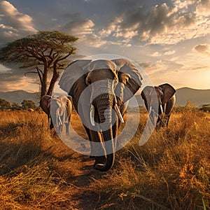 Majestic Wild Elephants Grazing in Serene Savannah