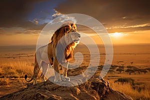 majestic wild lion at sunset, AI generated