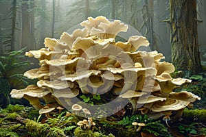 Majestic Wild Mushrooms Thriving in a Sunlit Misty Forest, Nature\'s Delicate Ecosystem at Its Finest