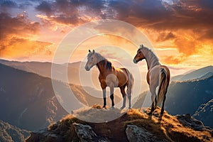 Majestic wild mustang horses atop a mountain range