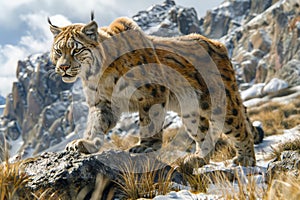 Majestic Wild Siberian Tiger Roaming on Rocky Mountain Terrain in Natural Wildlife Habitat