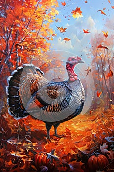 Majestic Wild Turkey Amidst Vibrant Autumn Leaves and Pumpkin Patch Thanksgiving and Fall Theme Artwork