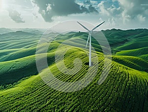 Majestic Wind Turbine Standing Amidst Lush Green Hills Under Blue Sky Renewable Energy and Sustainable Development Concept