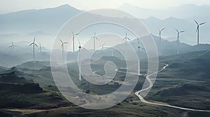 Majestic Wind Turbines In Mountainous Green Area: A Textured Landscape