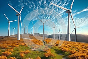 Majestic Wind Turbines Towering Over Golden Fields at Sunset. Generative AI