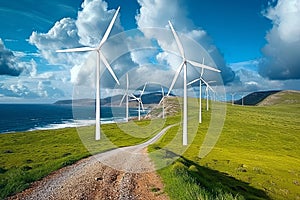 Majestic Wind Turbines Towering Over Golden Fields at Sunset. Generative AI