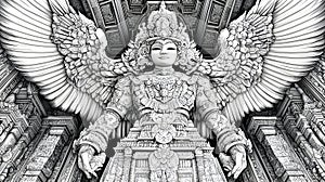 Majestic, winged sculpture, detailed in intricate carving, presented in monochrome photo