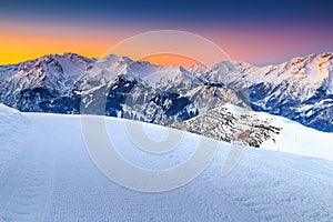 Majestic winter landscape and fantastic sunset,Alpe d Huez,France,Europe photo