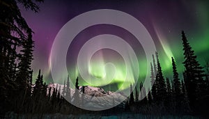 Majestic winter landscape illuminated by multi colored auroras generated by AI