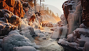 Majestic winter landscape snow covered mountains, icy cliffs, flowing water generated by AI