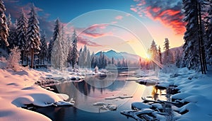 Majestic winter landscape snow covered mountains, tranquil sunset, frozen beauty generated by AI