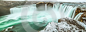 Majestic winter morning panoramic scene on the Godafoss, Waterfall of god, Iceland, Europe. Natural beauty as background