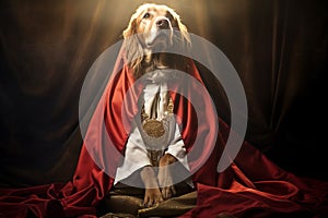 Majestic wise dog sage dressed in robe in the rays of light. Light create halo around dog, making it look like divine