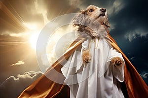 Majestic wise dog sage dressed in robe in the rays of light. Light create halo around dog, making it look like divine